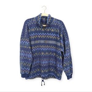 Vintage French Country Express Blue Patterned Quarter-Zip Sweatshirt Size M
